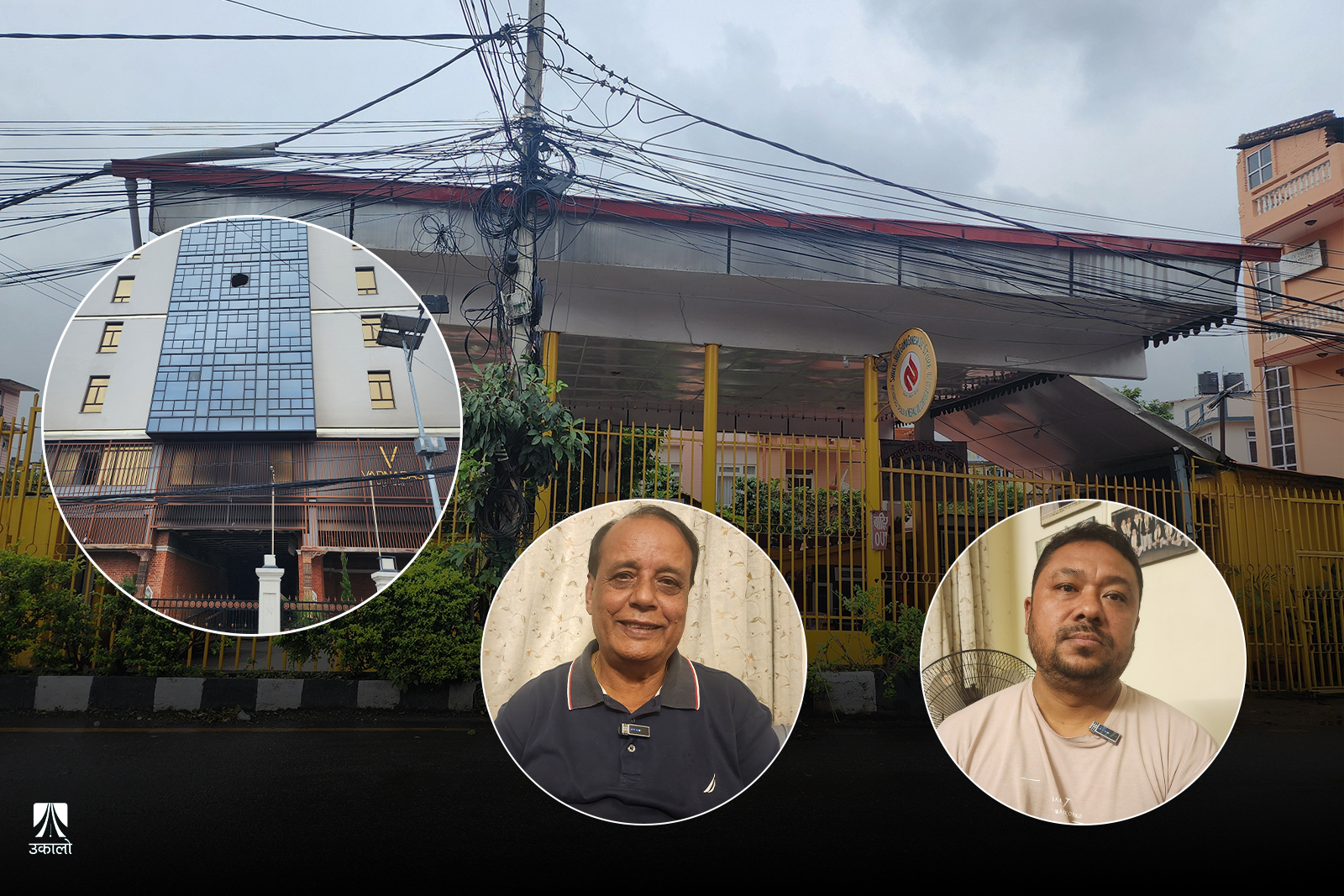 श्री जय गोमा गणेश आयल स्टोर, त्यसका सञ्चालक (बायाँ) र स्थानीय (दायाँ) र वर्णबास होटल।